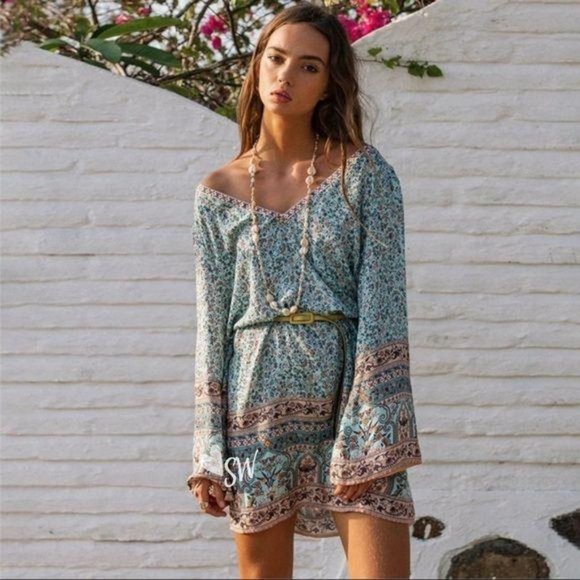 Bohemian Tribal Floral Print Dress Wide Sleeve - Picture 2 of 7